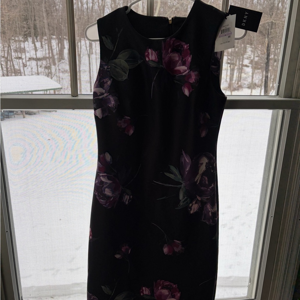 DKNY Black and Purple Floral Midi Dress